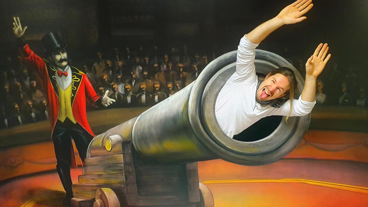 a painting of a woman in a cylinder with a man