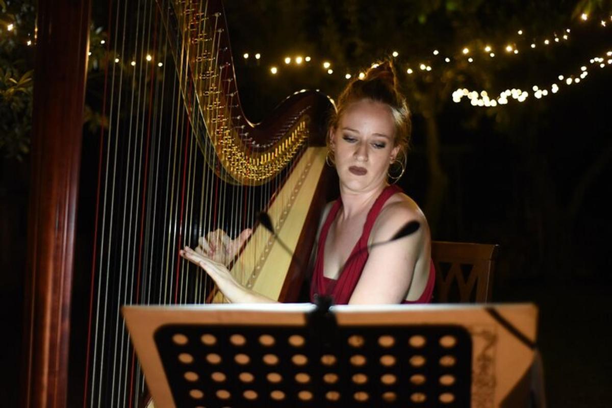 žena v červených šatech hrající na harfu