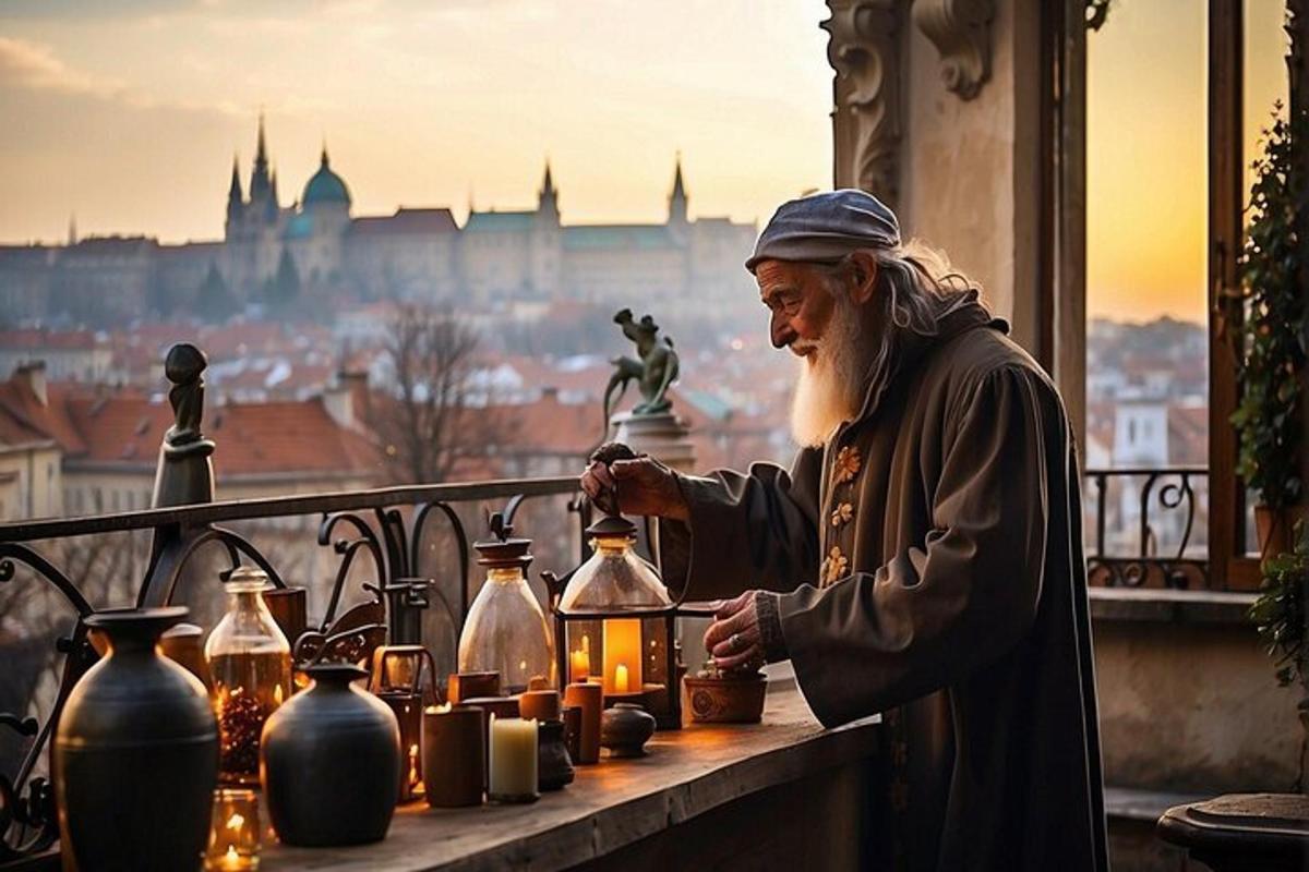 muž zapalující svíčky na stole s výhledem na město