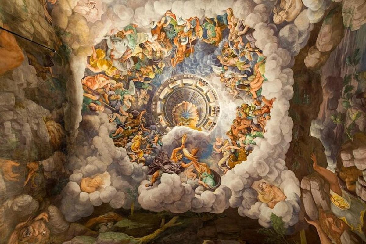 uma pintura de um grupo de pessoas no teto