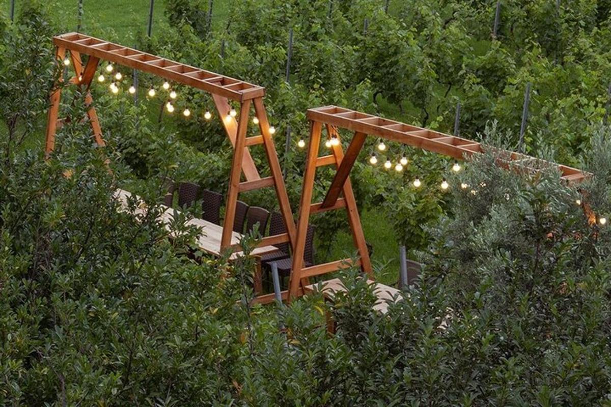 pergola kayu dengan lampu di taman