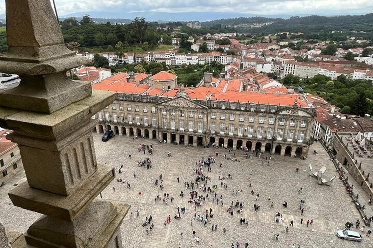 a group of people walking around a large building