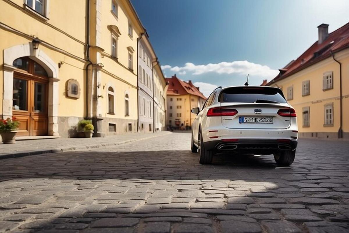 bílé auto zaparkované na dlážděné ulici