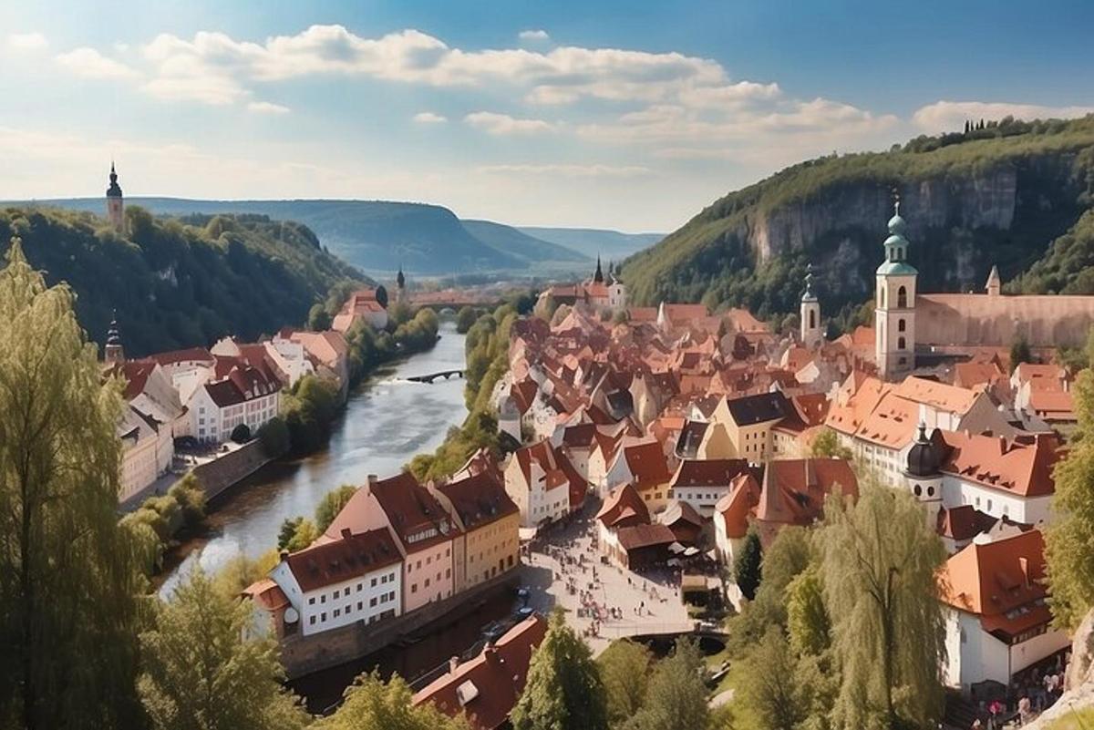 pohled na město s řekou a budovami