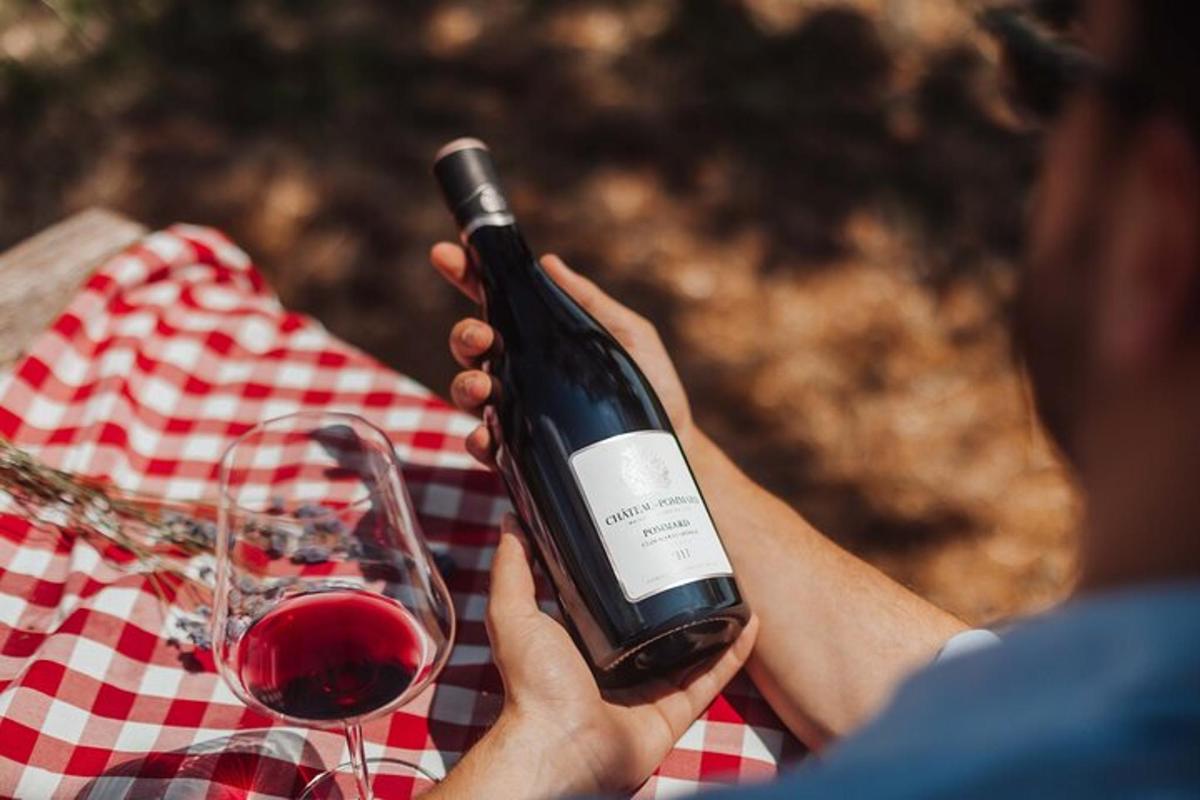 a person holding a bottle of wine and a glass