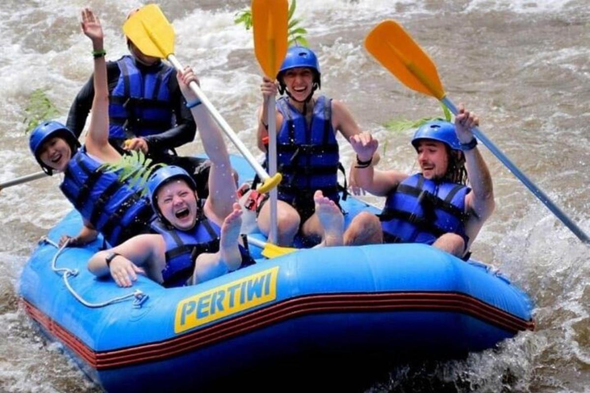 um grupo de pessoas está fazendo rafting em um rio