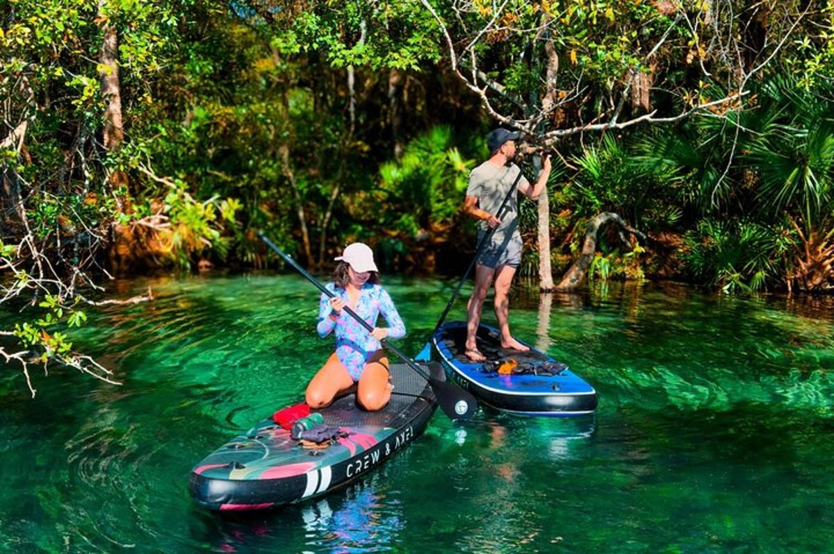 muž a žena na paddleboardech v řece