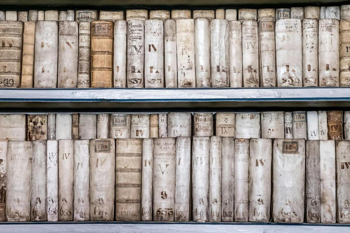 una pila di libri su uno scaffale in una biblioteca