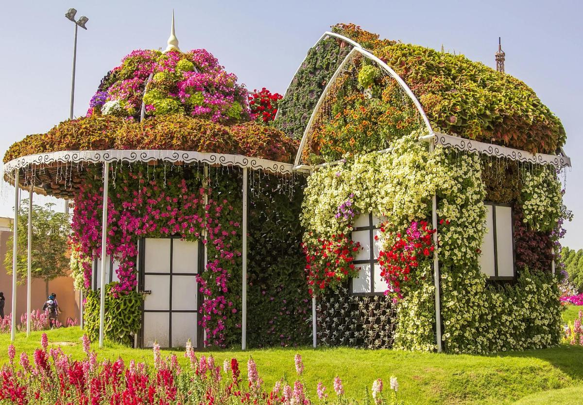 une maison couverte de fleurs dans un jardin