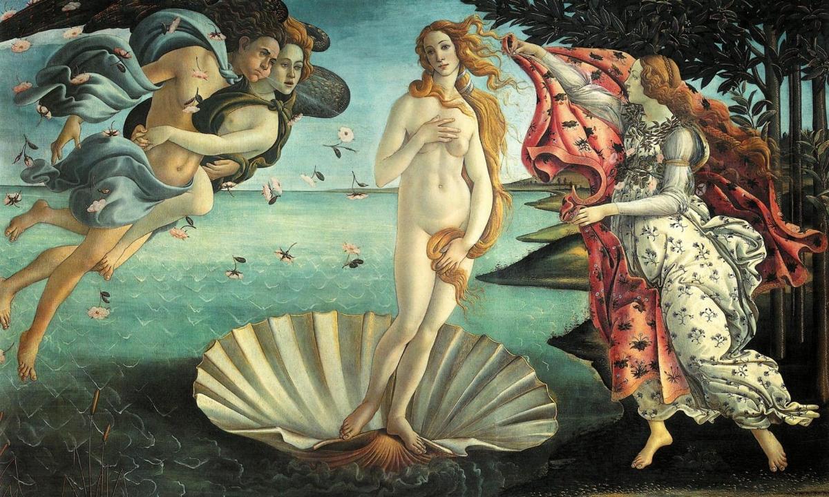 a painting of a woman standing on a shell