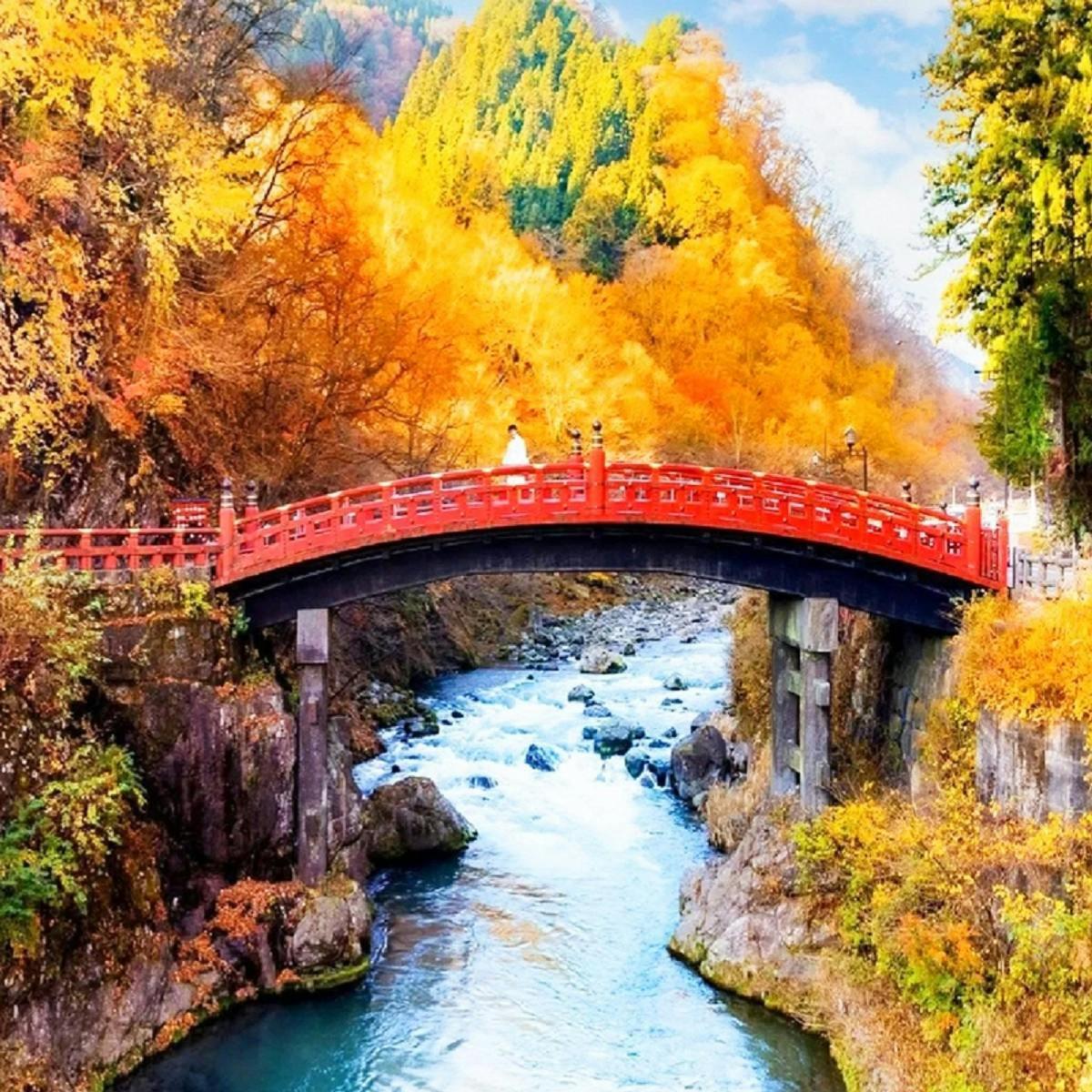 un dipinto di un ponte rosso sopra un fiume