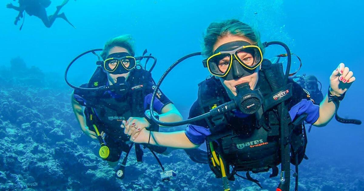 два человека занимаются подводным плаванием в океане