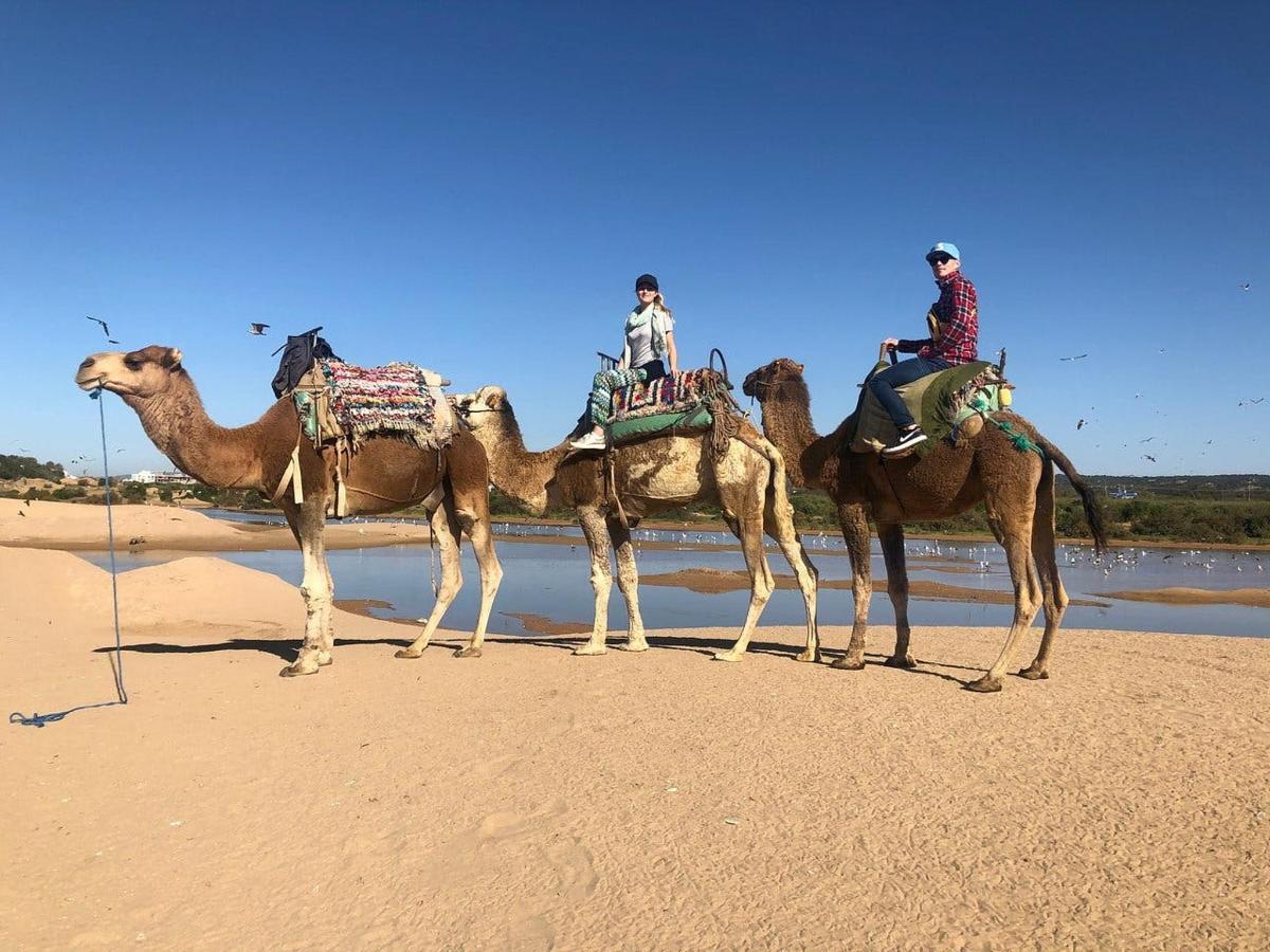 un groupe de personnes à dos de chameau sur la plage