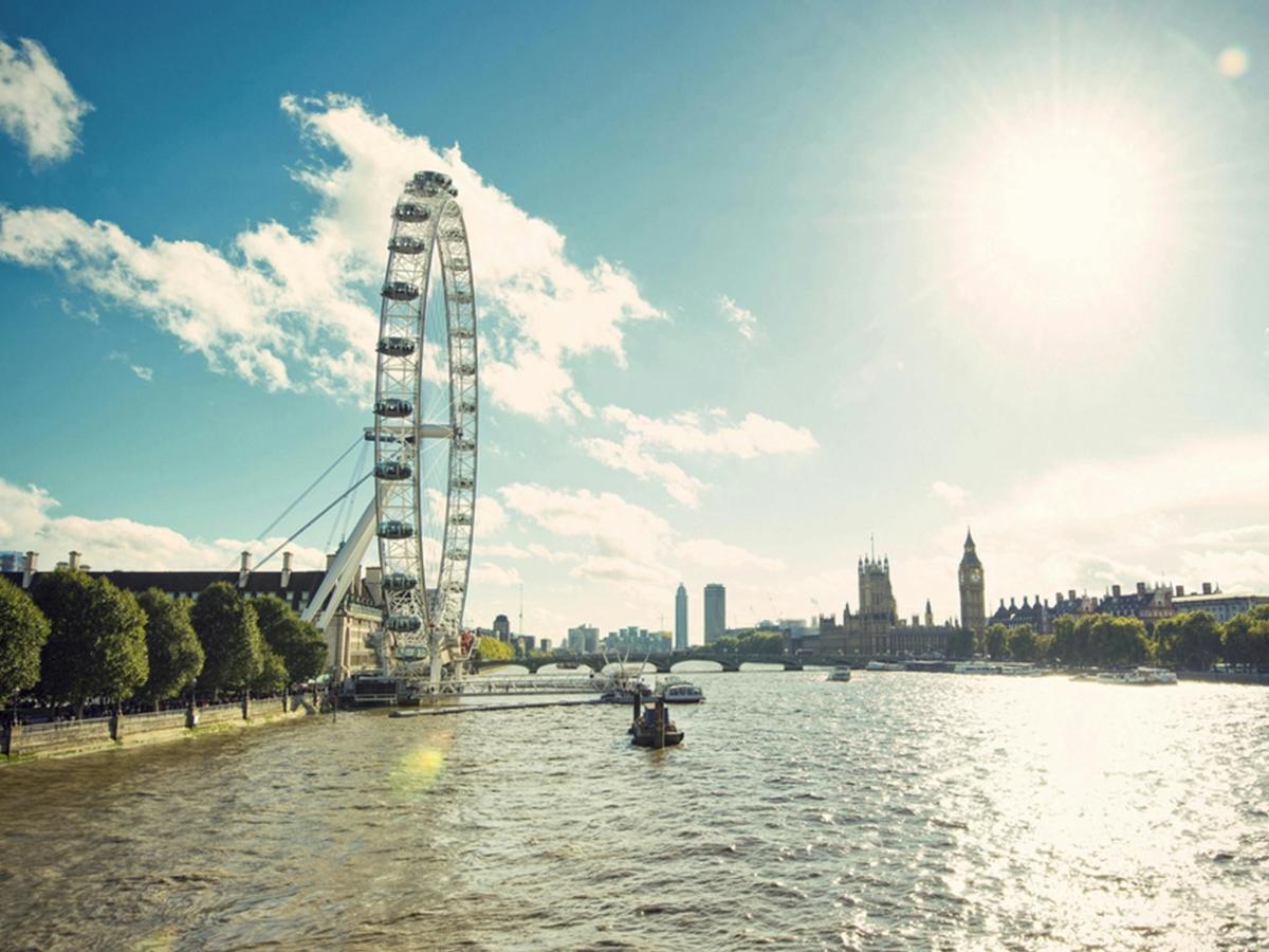 a view of a river with a ferris wheel