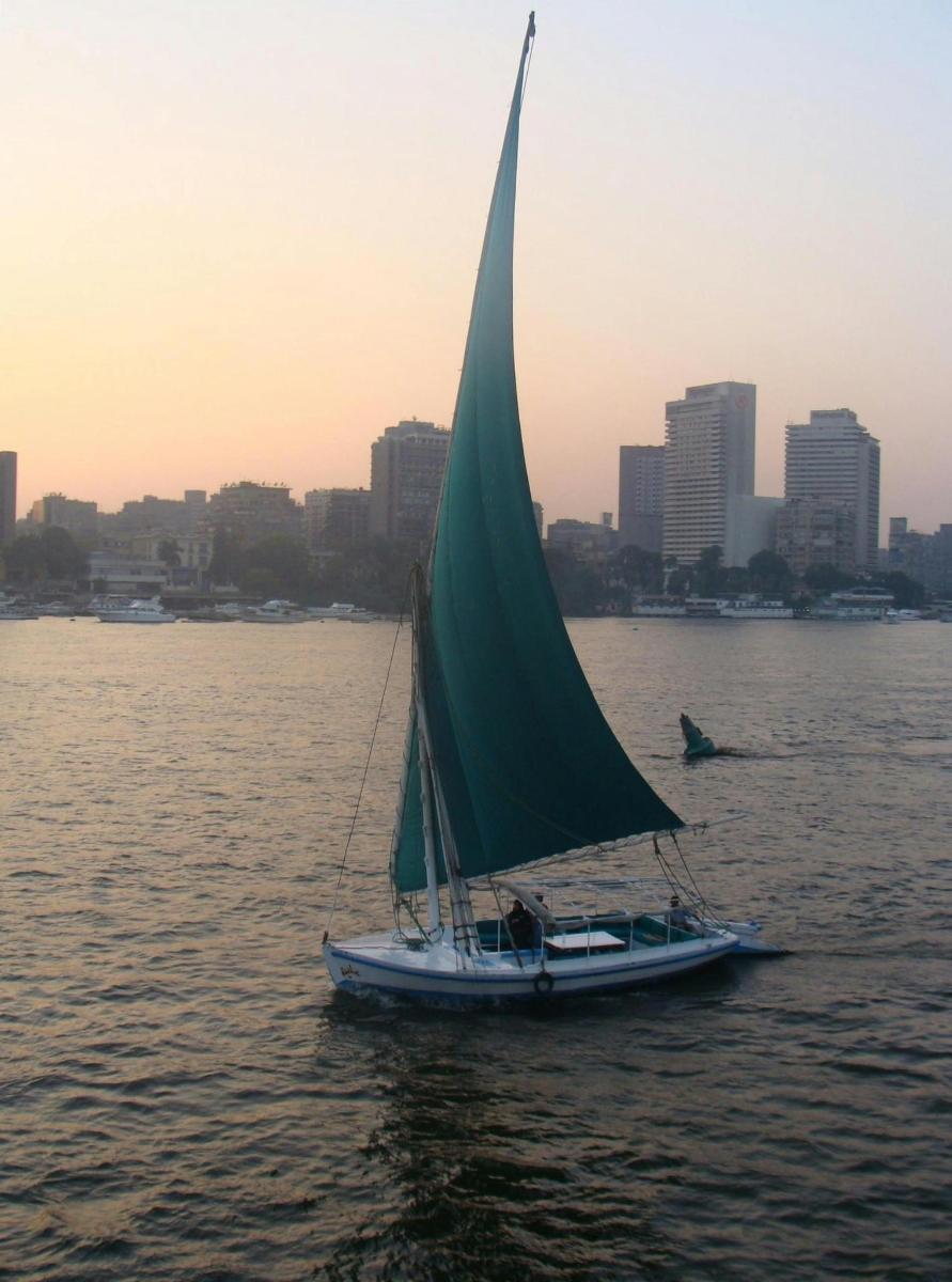 un velero con una vela verde en el agua