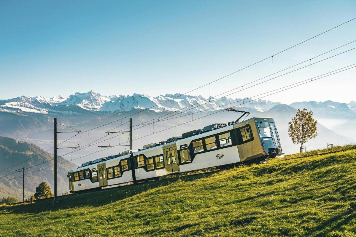 a train on a hill with mountains in the background