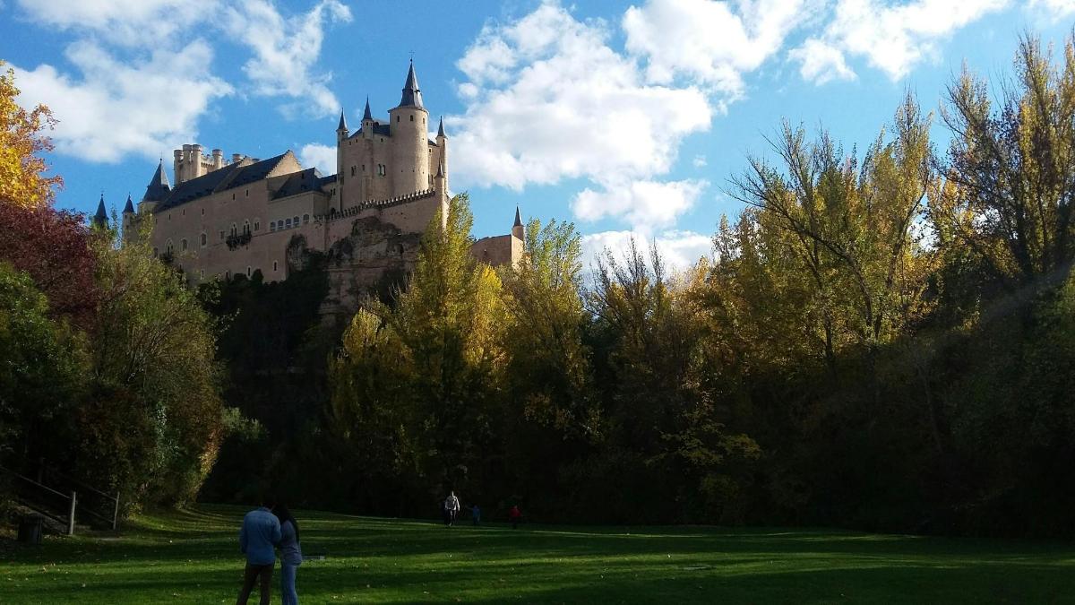 dvorac koji stoji na vrhu bujnog zelenog polja