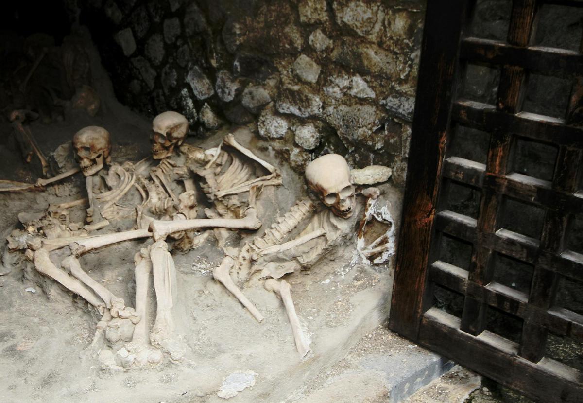 un gruppo di scheletri sdraiati nella sabbia accanto a un muro