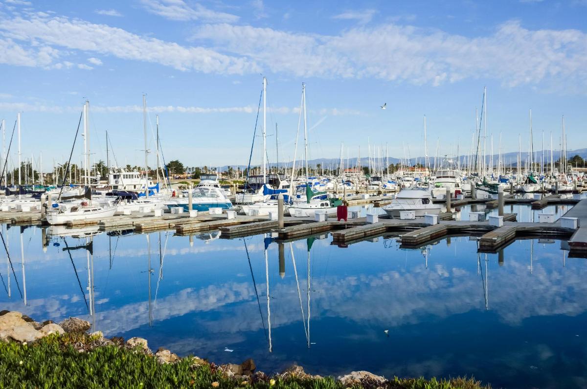 um grupo de barcos atracados em uma marina