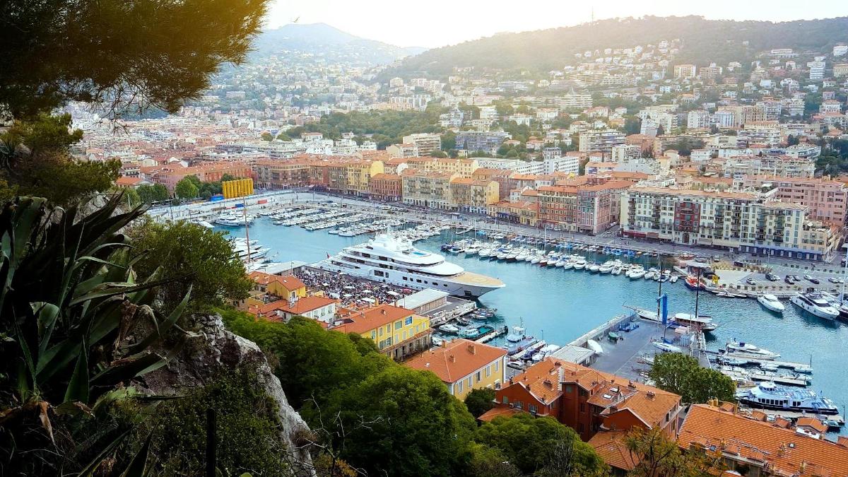 a view of a harbor with boats in the water