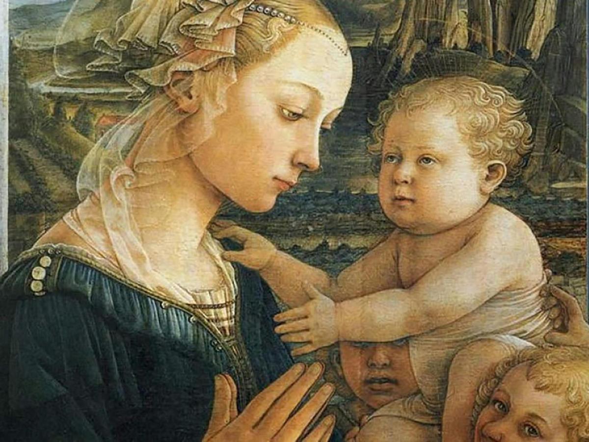 uma pintura de uma mulher segurando um bebê