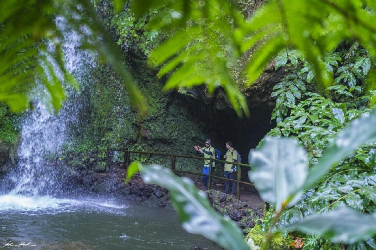 dua orang berdiri di hadapan air terjun