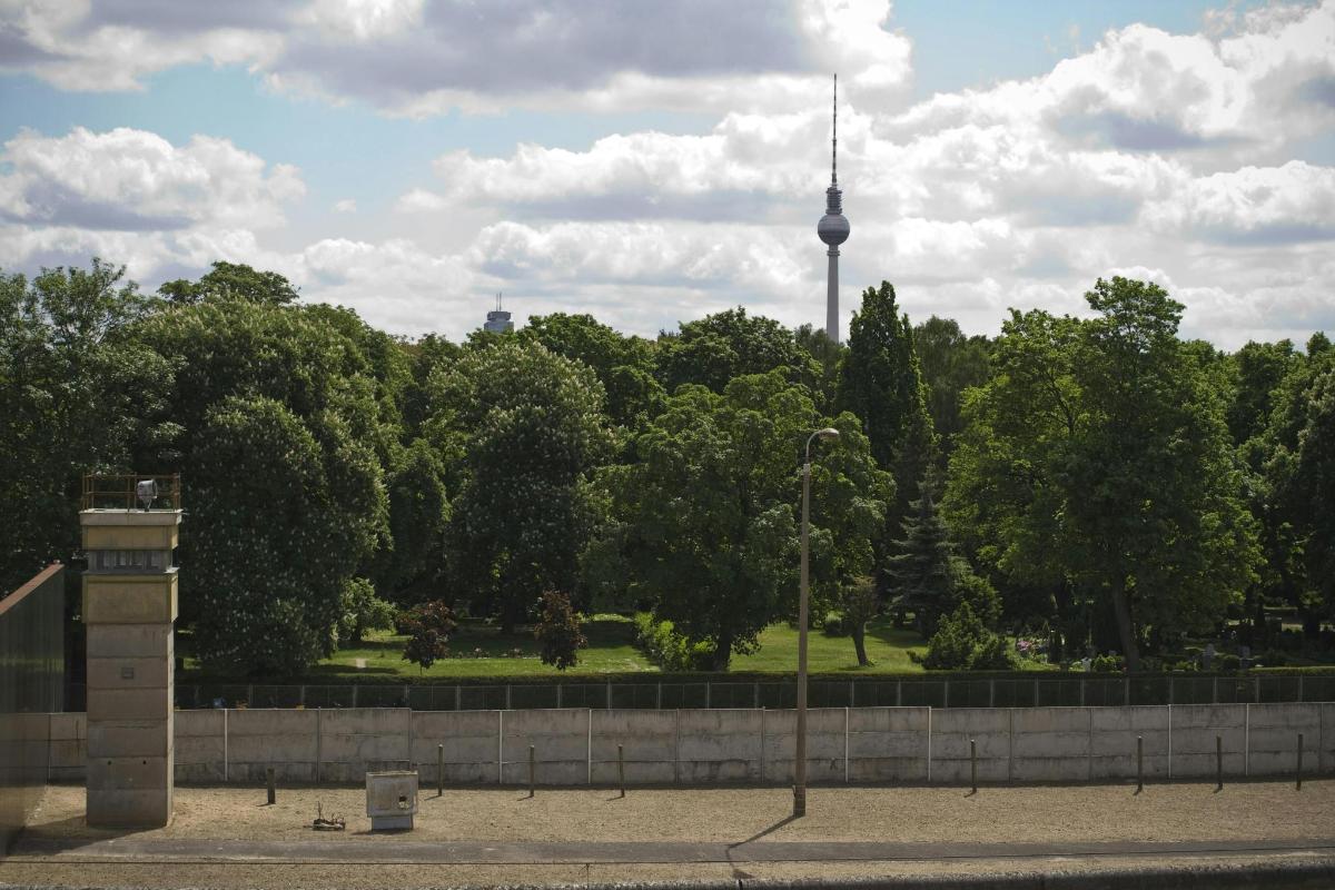 pohled na park s televizní věží v pozadí