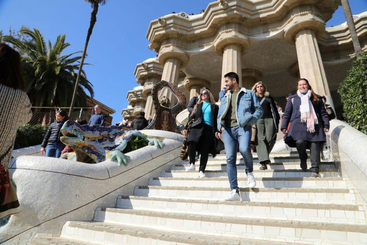 a group of people walking up some stairs