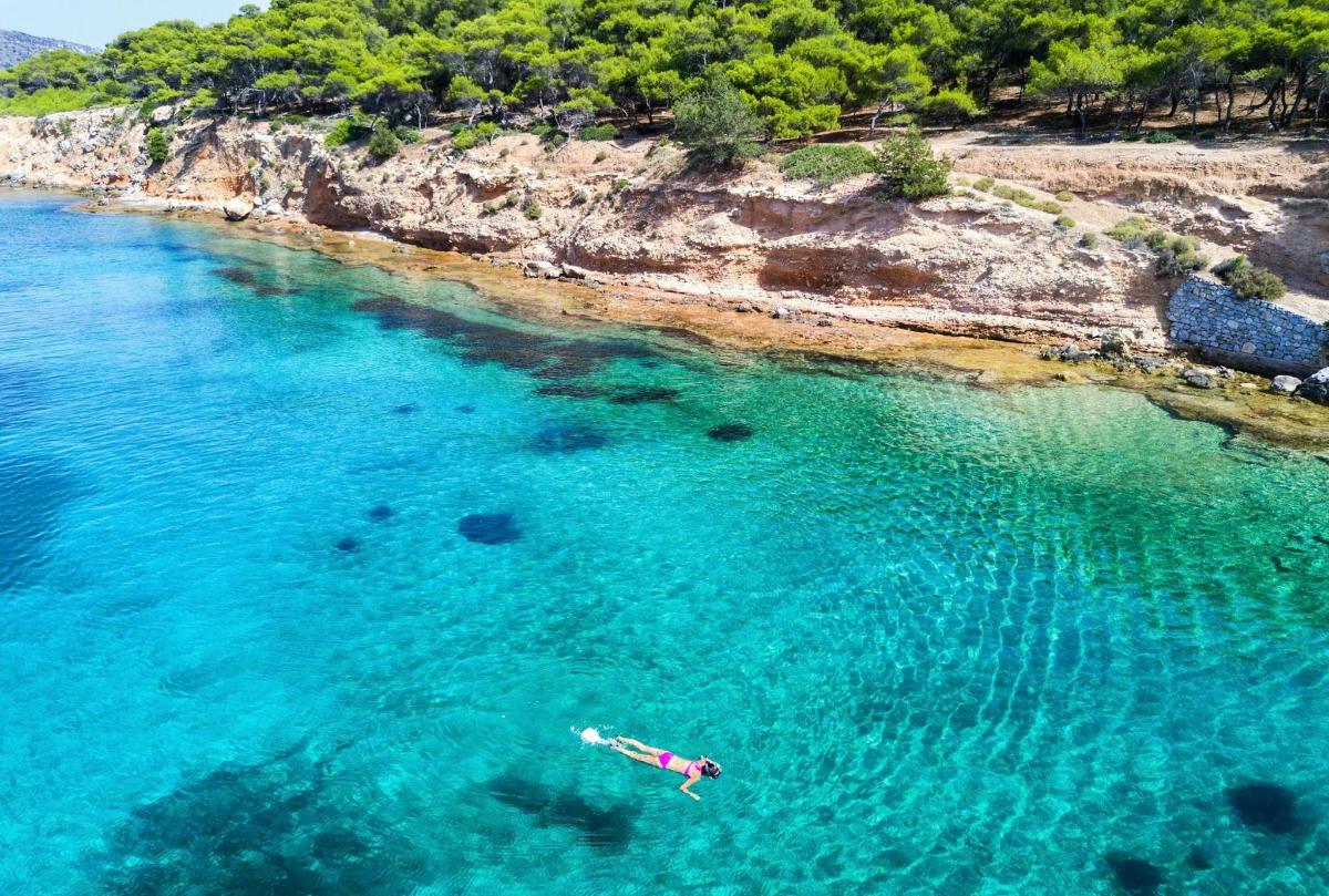 una persona nedant a l'aigua prop d'una platja