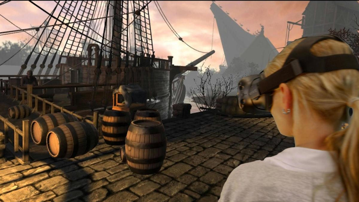 a woman is looking at a ship in a video game