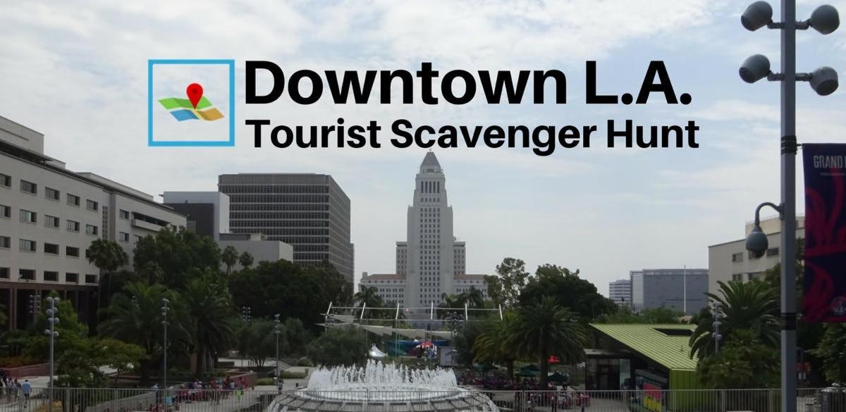 cedule s nápisem „Honba za turistickým pokladem v centru Los Angeles“