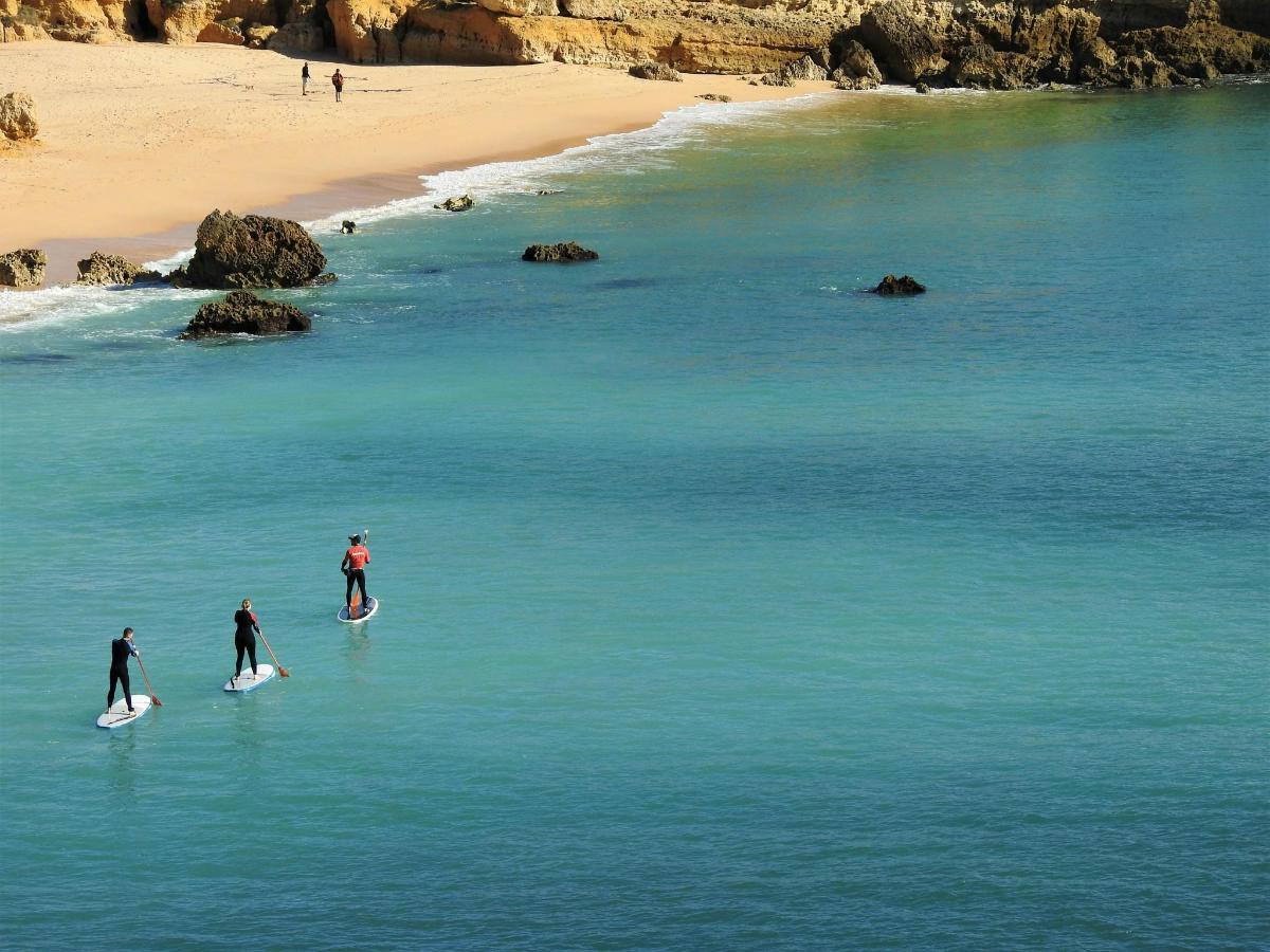 tre persone su tavole da surf in acqua su una spiaggia