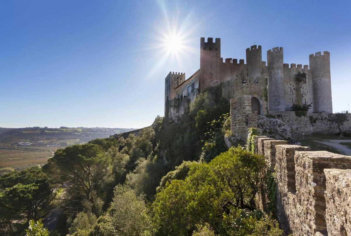 un castello su una collina con il sole nel cielo