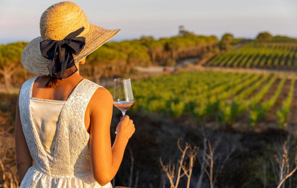 a woman holding a glass of wine looking at a vineyard