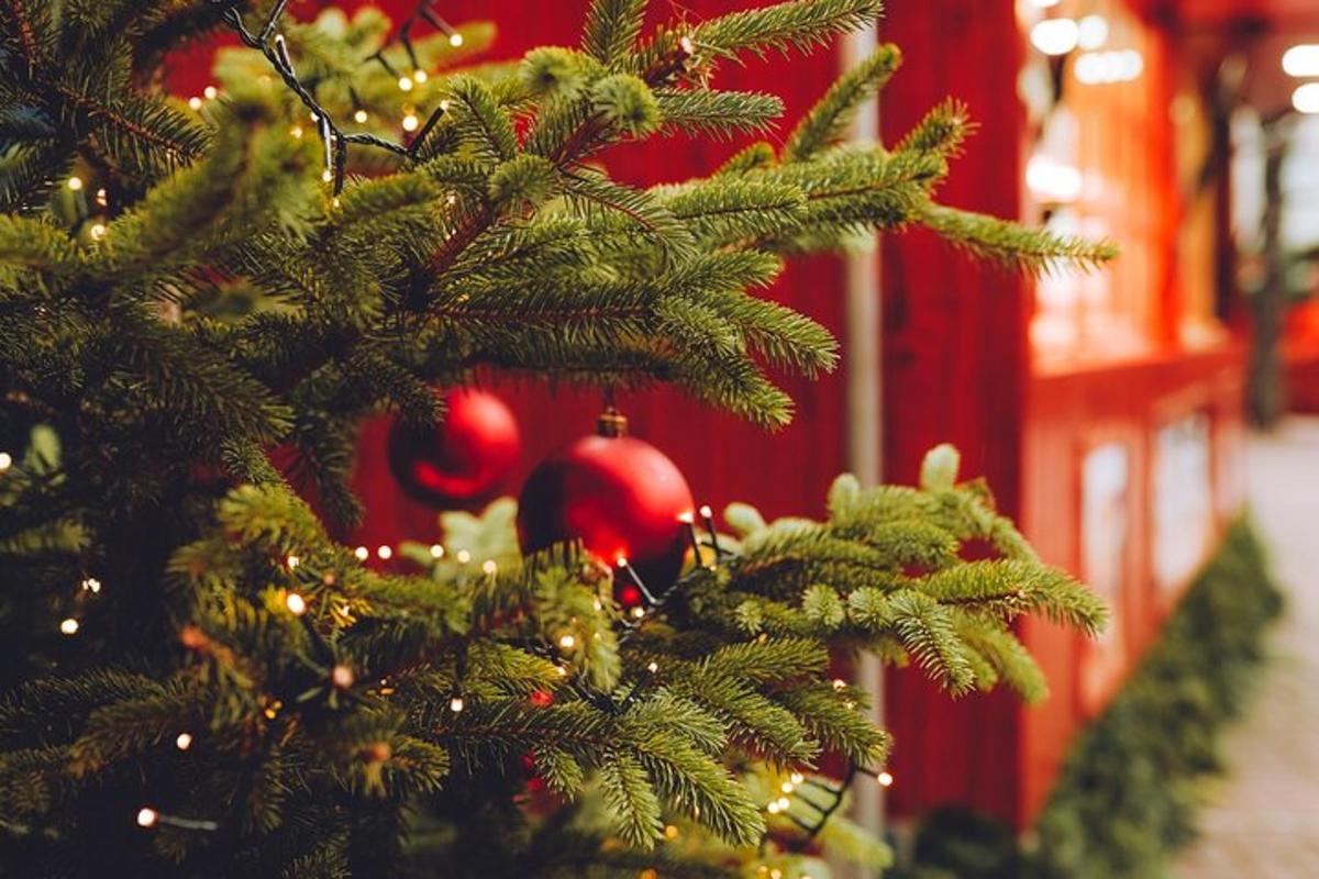 un primo piano di un albero di Natale con palline rosse