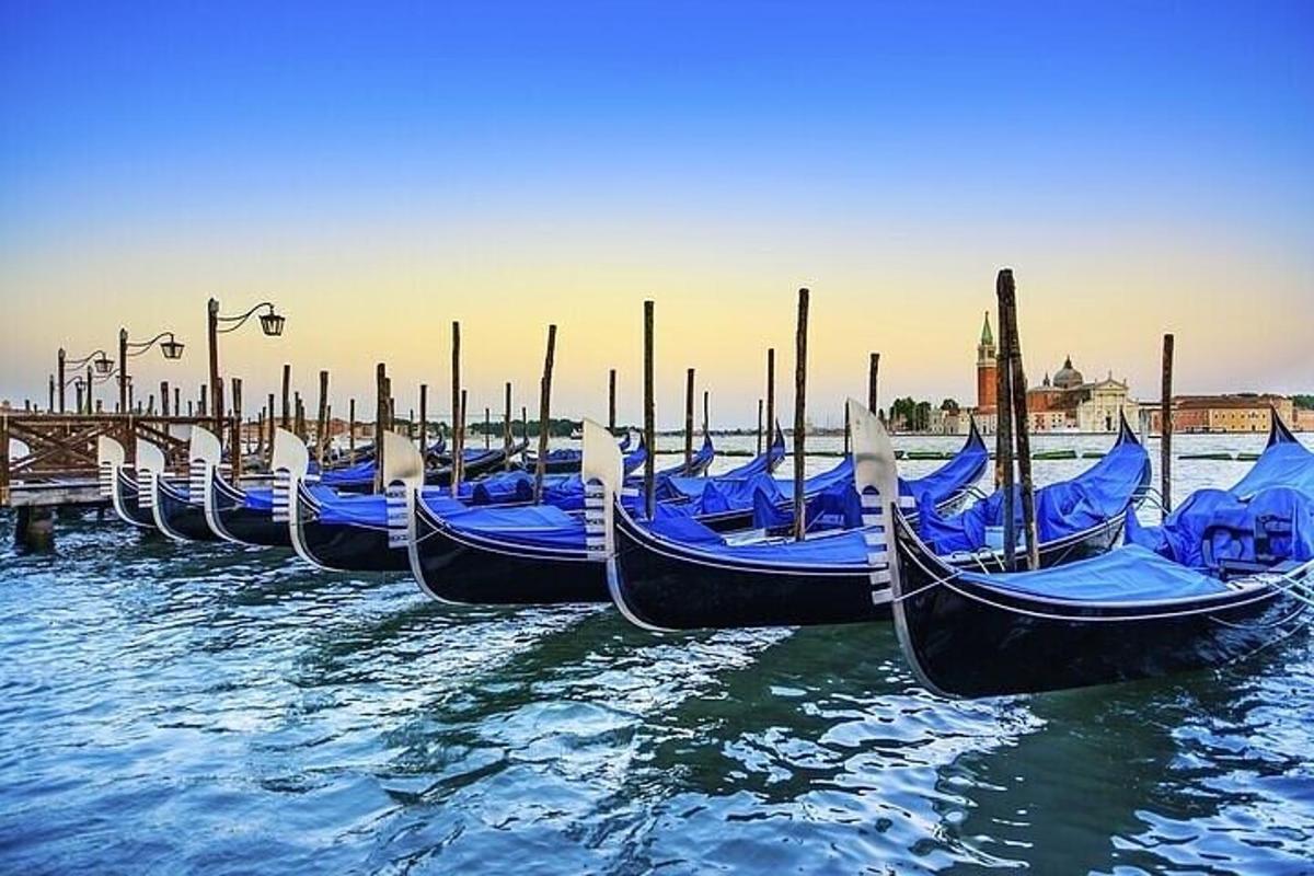 sekumpulan gondola yang diikat pada dok di dalam air