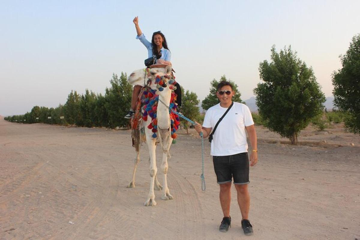 a man standing next to a girl on a camel