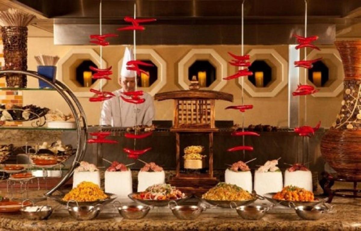 a buffet with many different types of food
