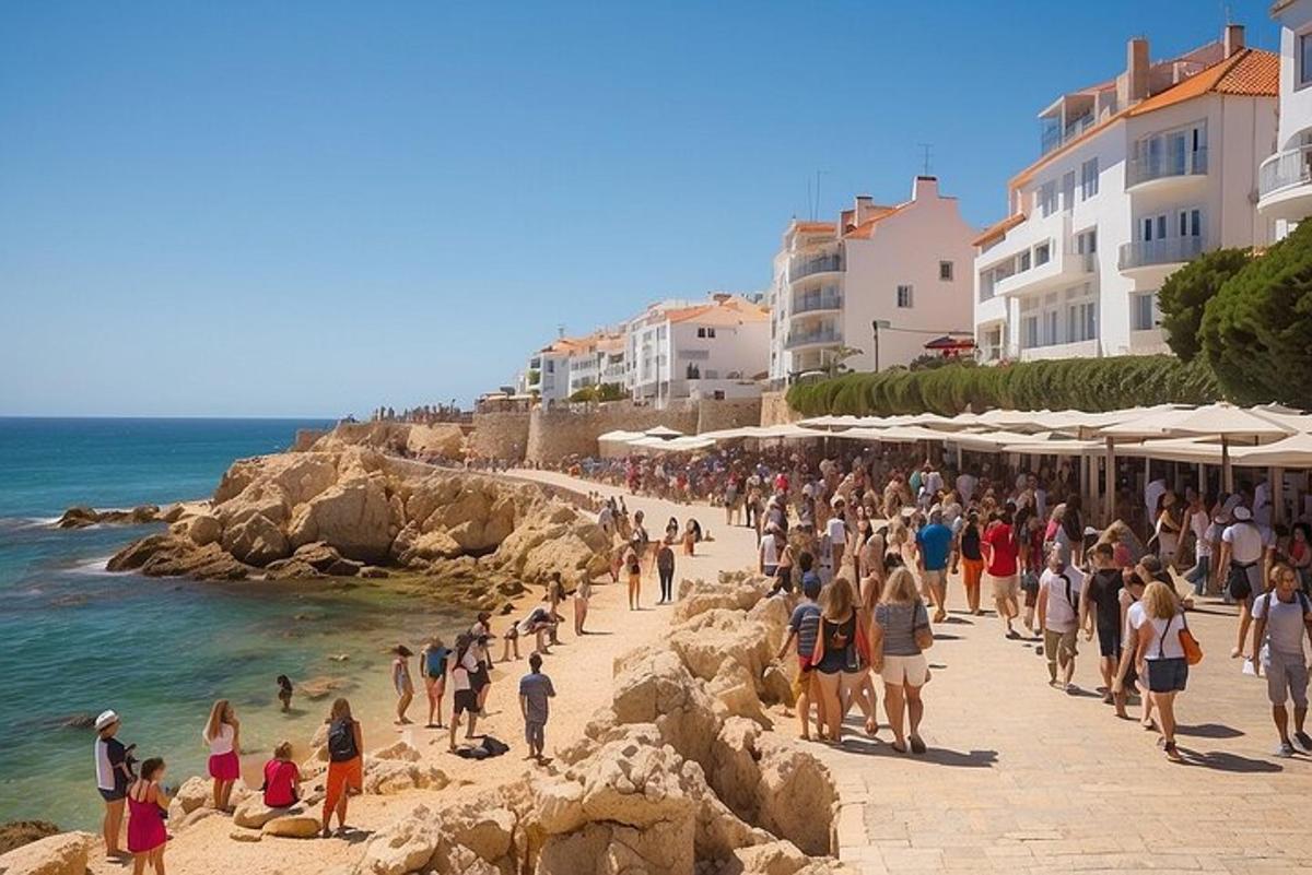 Πλήθος ανθρώπων σε μια παραλία κοντά στον ωκεανό