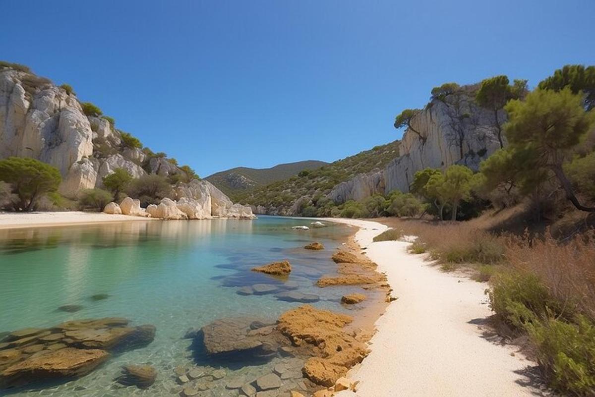una vista di una spiaggia con rocce nell'acqua