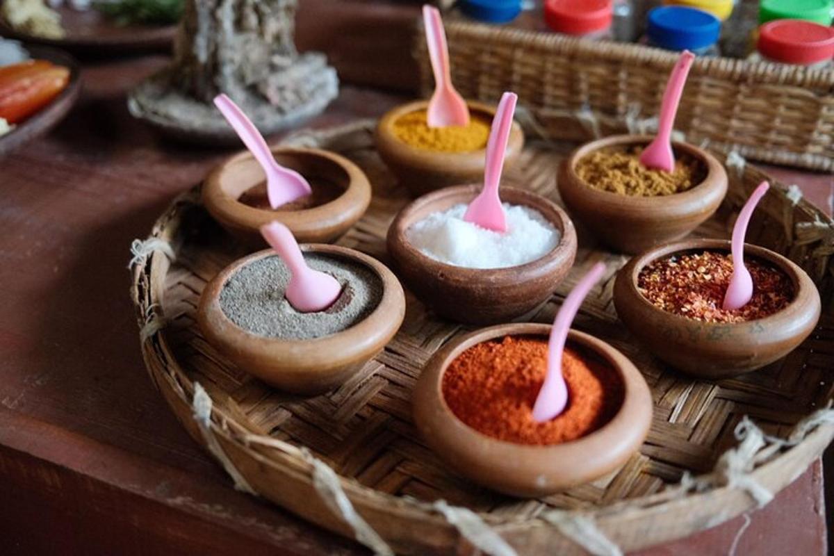 a group of small wooden bowls filled with food
