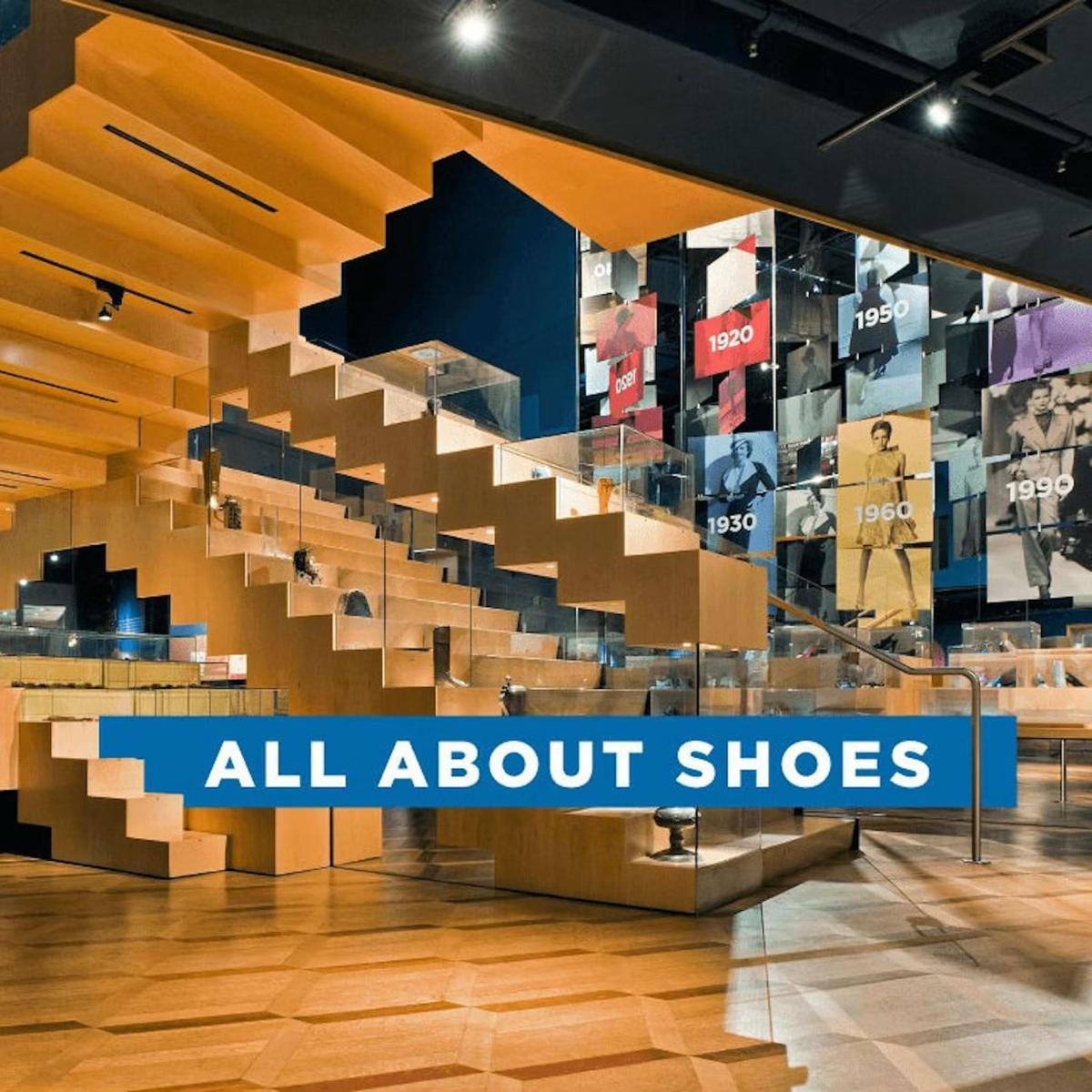 a store with a staircase with the words all about shoes