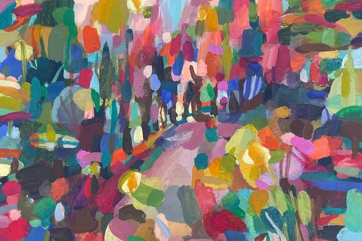 una pintura d'una carretera en un bosc
