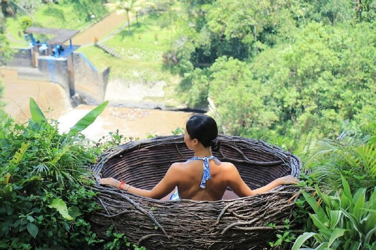 一位妇女坐在河边的篮子里