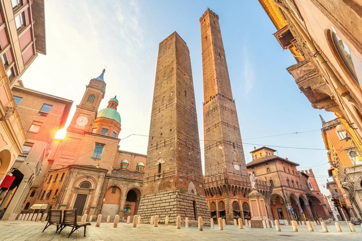 two tall towers in front of a building