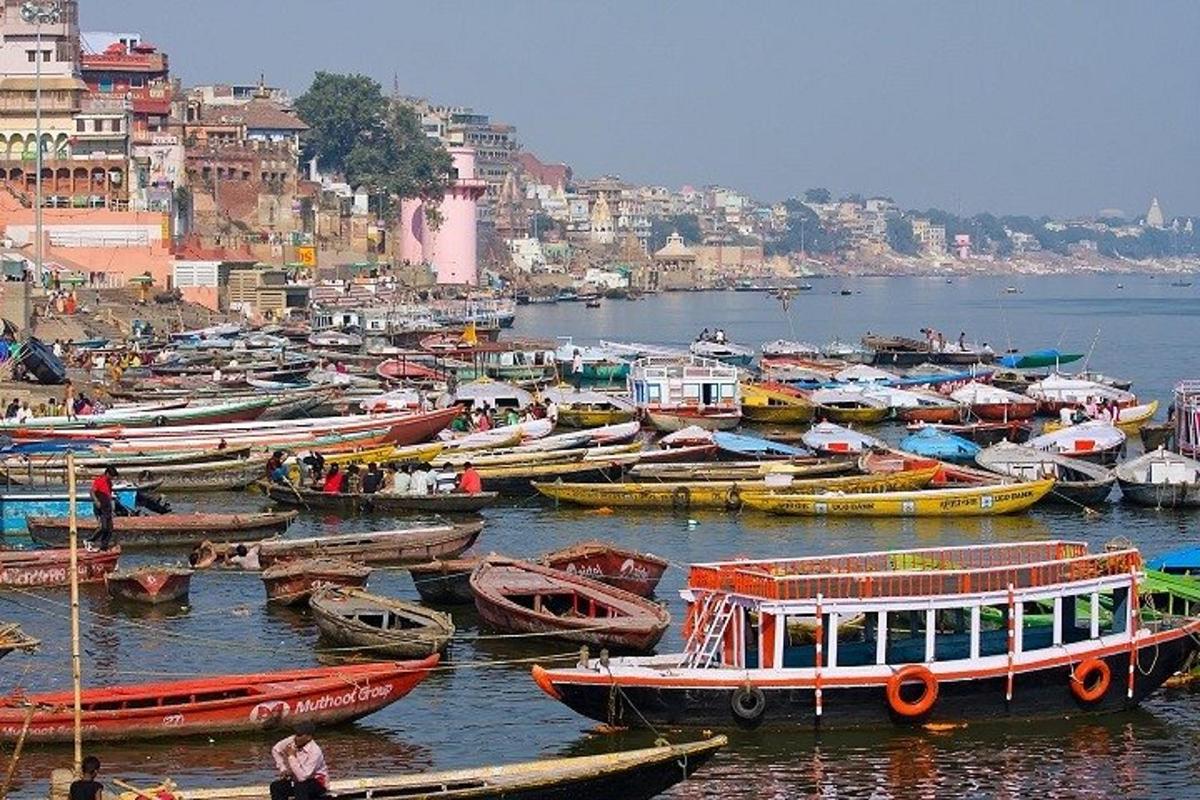 a group of boats in the water near a city