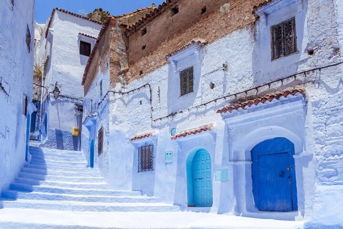 un gruppo di edifici bianchi con porte e scale blu