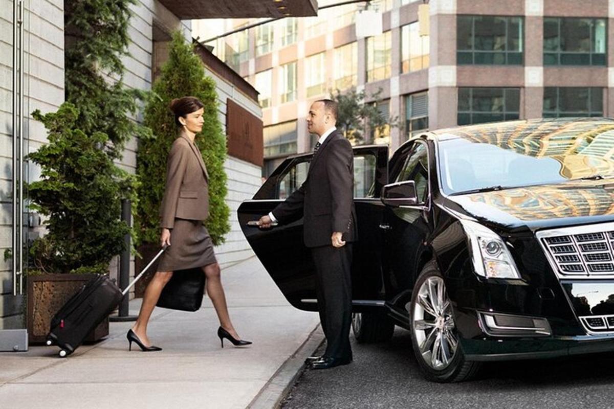 a man and a woman walking out of a car