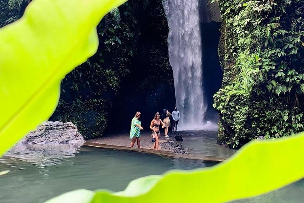 sekumpulan orang berdiri di hadapan air terjun