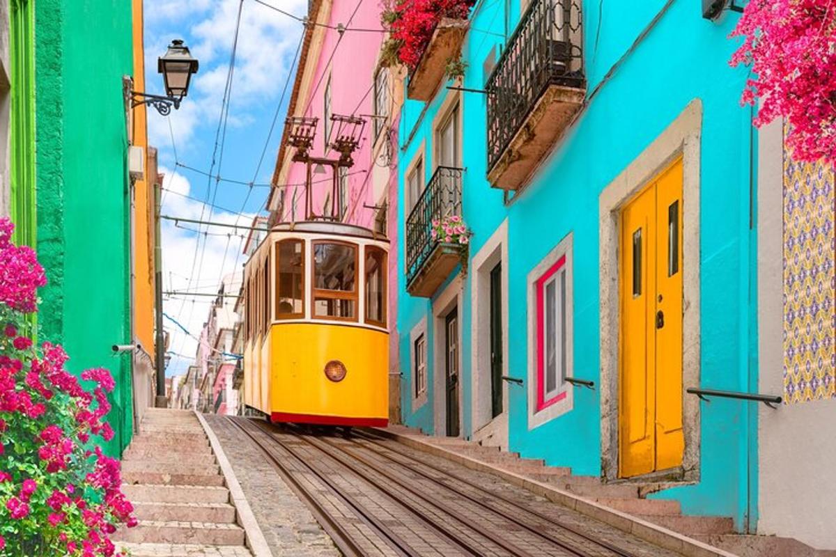 a yellow tram on a street with buildings
